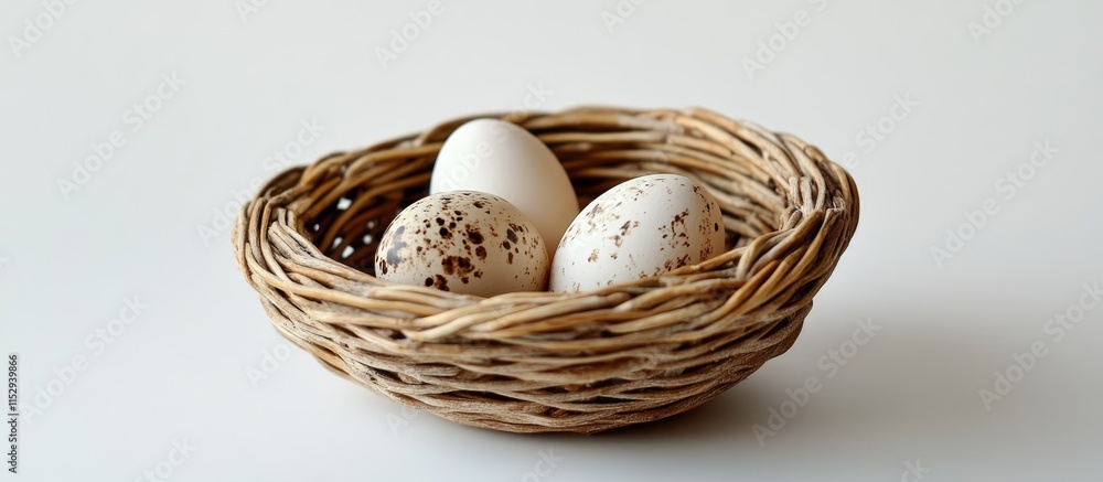 Poster miniature basket with three quail eggs on a white background showcasing rustic charm and natural tex