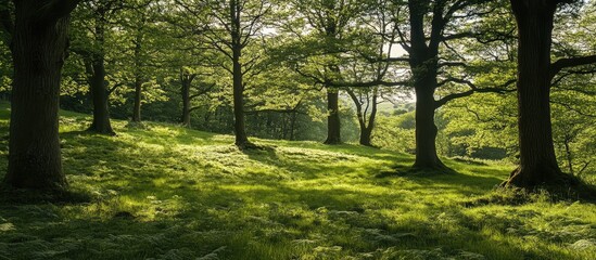 Lush Green Forest Scene with Sunlight Filtering Through Trees in a Serene Landscape