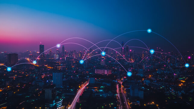 Abstract businesswoman stands on the peak of success Smart digital city with connection cyber security network reciprocity over the cityscape future wireless digital city and social media networking