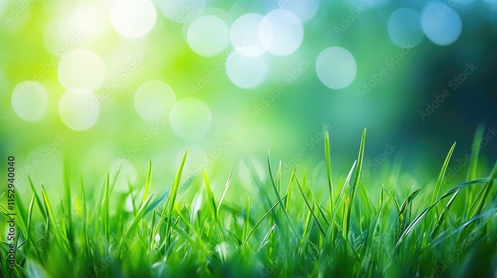 Poster vibrant green grass with soft bokeh background creating a tranquil and serene nature scene ideal for