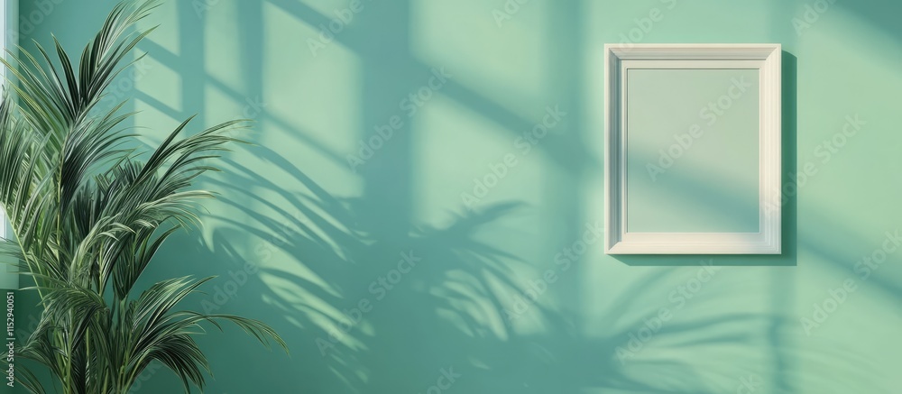 Aufkleber horizontal photo frame mockup on pastel green wall with shadows creating an inviting space ideal for