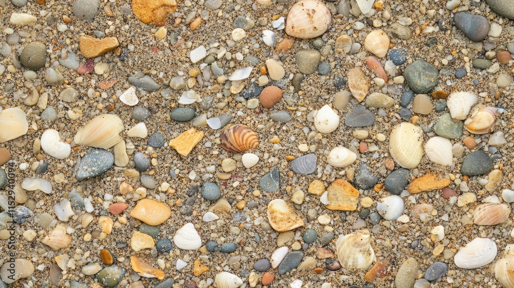 Poster colorful pebbles and seashells scattered on sandy beach surface creating a natural textured backgrou