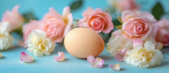 Natural pink and white roses framing a chicken egg on a soft blue background perfect for celebration and greeting card themes