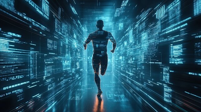 An interface for medical analysis and sport science technology is shown on a running man -