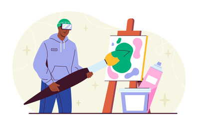 Virtual reality artist. Man in VR glasses with brush paints on canvas. Artist paints in studio. Hobby and leisure. Creativity and art. Metaverse and cyberspace. Flat vector illustration