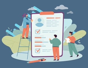 Business cartoon characters filling in application forms. Questionnaire for survey research, poll, medical papers flat vector illustration. Health insurance, agreement concept for website design