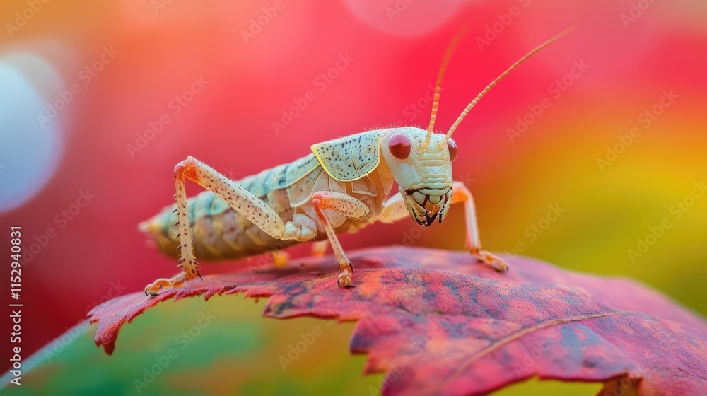 Poster macro close-up of a grasshopper on a colorful leaf surrounded by blurred vibrant backgrounds in natu