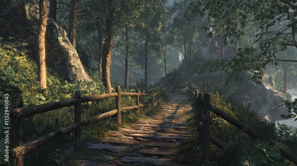 Poster peaceful forest pathway with wooden railings surrounded by lush greenery and sunlight filtering thro