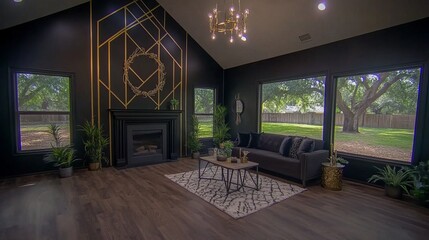 Fototapeta premium Modern Black and Gold Living Room with Large Windows and Fireplace