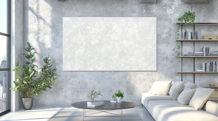 Blank canvas on concrete wall in modern living room.