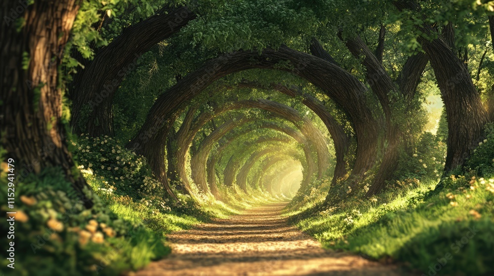 Poster enchanting forest pathway through arched trees creating a serene natural tunnel landscape