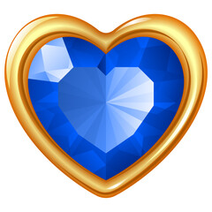 Blue shining diamond heart 3D shape in gold frame on white background