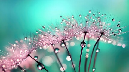 Dandelion seeds with dewdrops against a blurred green background showcasing nature's intricate details and delicate beauty.