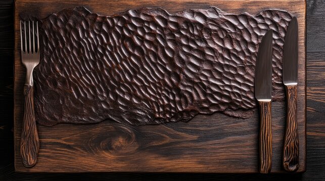 Artisan carving board with meat fork and knife displayed on rustic wooden background for culinary and dining concepts.