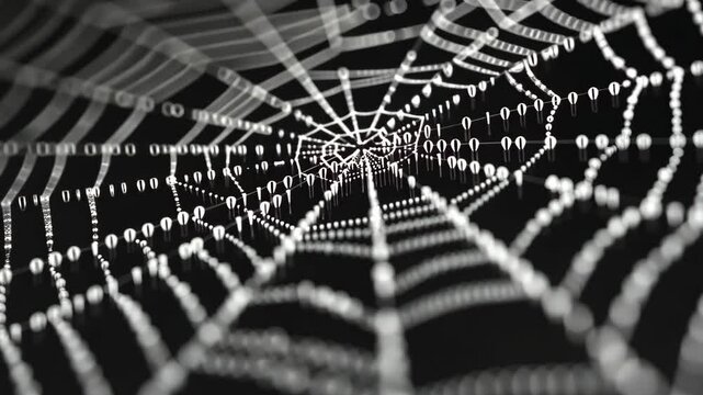 A black and white video featuring a spider web against a contrasting background, An intricate spider web design using binary digits