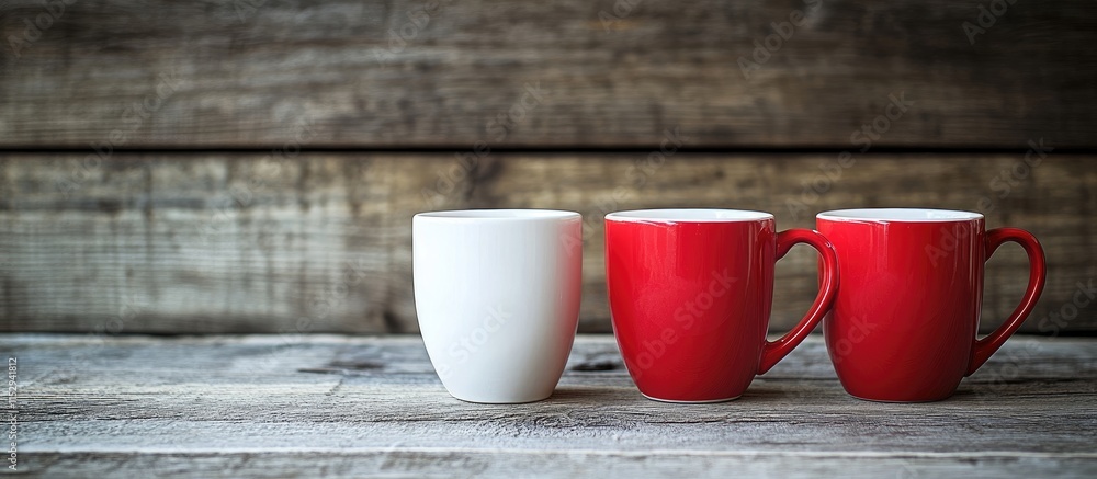 Poster mugs in contrasting red and white placed on rustic wooden table showcasing warmth and simplicity in 