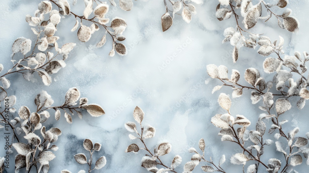 Poster winter nature background with frosted leaves and snow creating a serene and tranquil seasonal atmosp