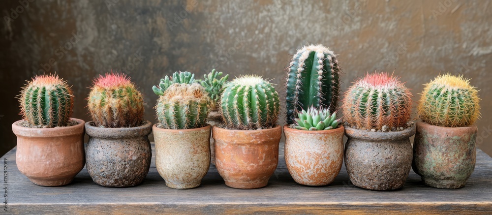 Poster mini cacti in rustic pots arranged on a wooden table creating a warm and inviting home interior atmo