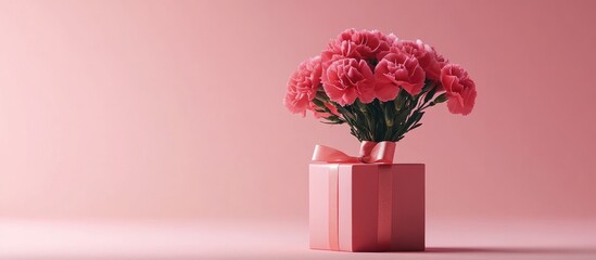 Fototapeta premium Mother's Day gift design featuring a pink carnation bouquet and a wrapped gift box on a soft pink background with ample copy space