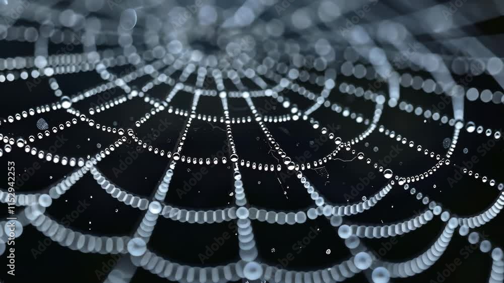 Poster a detailed black and white videograph showcasing a spider web, highlighting its intricate pattern an