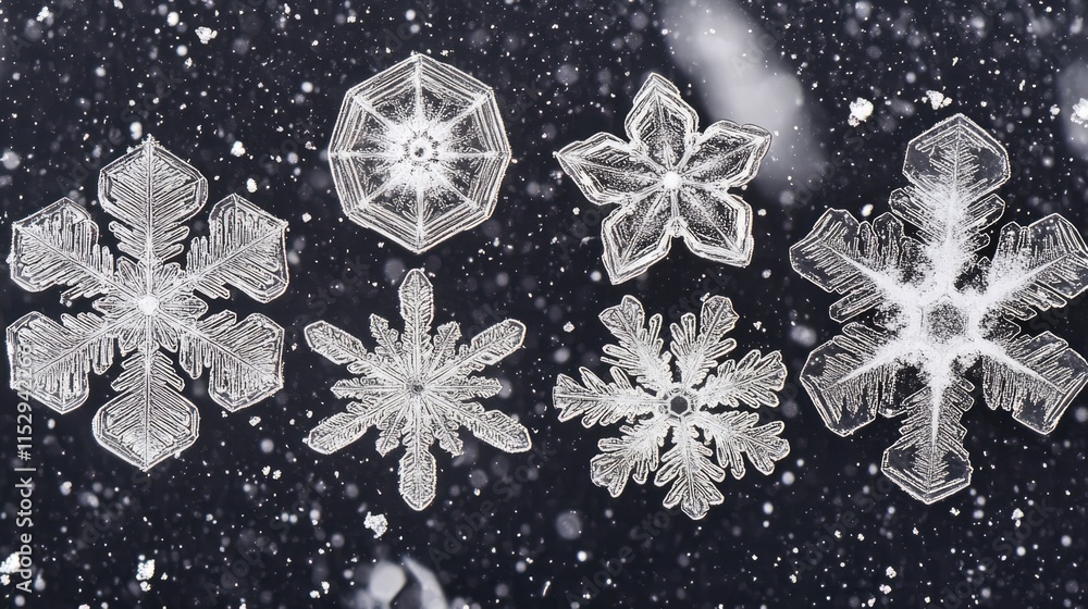 Poster detailing unique snowflake formations captured during a gentle snowfall against a dark, contrasting 