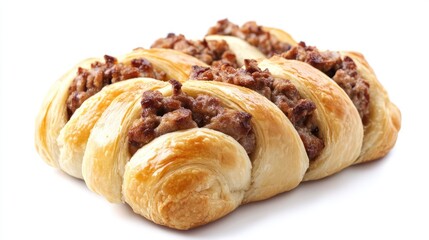 Fototapeta premium Savory meat-filled pastry bun with a golden-brown flaky crust isolated on a clean white background for culinary presentations.