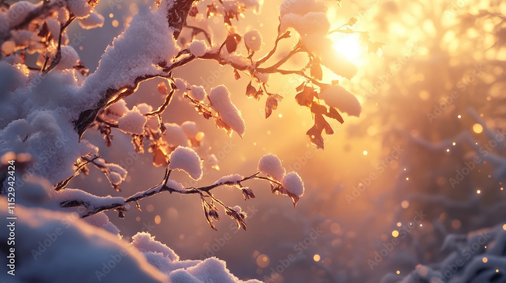 Poster winter scene with snow laden branches illuminated by soft golden sunlight creating a serene and ench