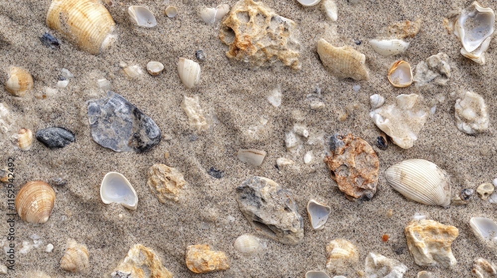Poster beach sand with assorted shells and stones creating a natural textured background for coastal themed