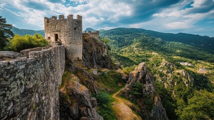 Historic castle ruins on rocky landscape with scenic view of mountains under dramatic sky showcasing nature and architecture from past centuries