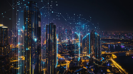 Obraz premium Abstract businesswoman stands on the peak of success Smart digital city with connection cyber security network reciprocity over the cityscape future wireless digital city and social media networking