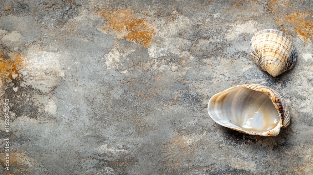 Poster nature background featuring empty seashells on textured stone surface for serene and coastal-themed 