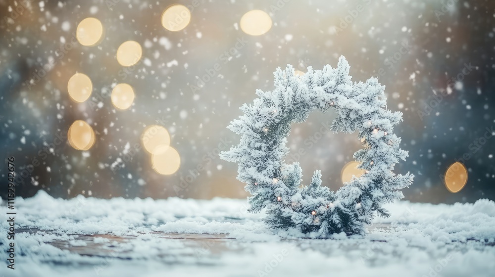 Poster white natural wreath on wooden background with glowing bokeh lights and snowfall creating a serene w