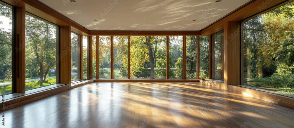 Poster serene minimalist interior of an empty room with large windows allowing natural light to illuminate 
