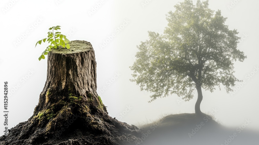 Poster foggy nature reserve featuring an old beech stump with new growth and a young beech tree in the mist