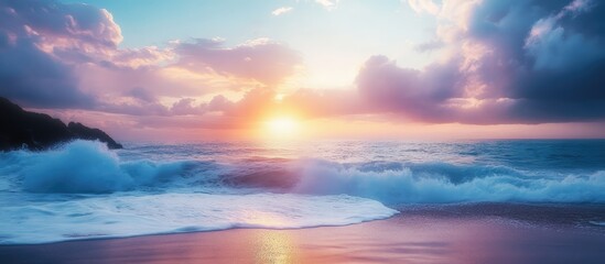 Obraz premium Dreamy sunset over a tranquil ocean with gentle waves and colorful skies reflecting nature's beauty and serenity.