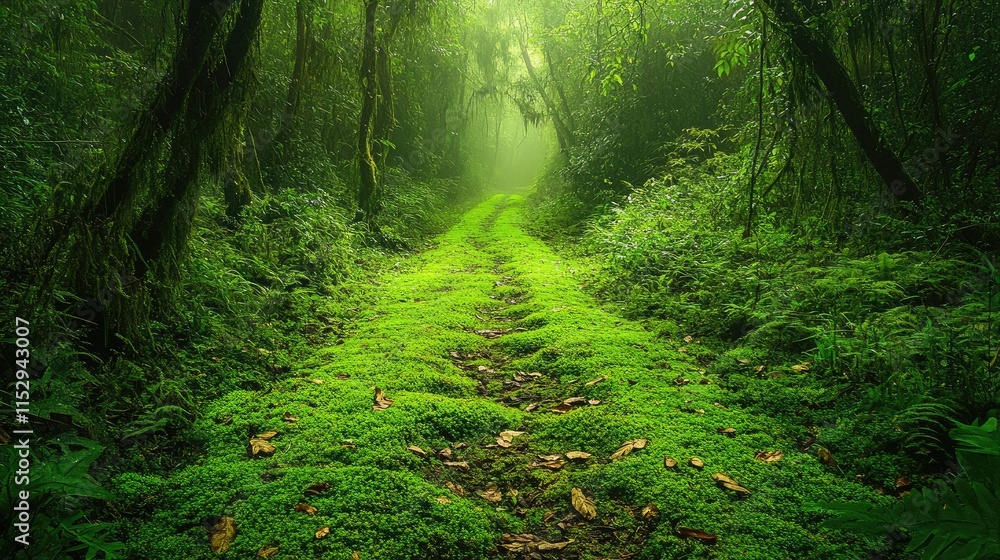 Poster serene forest path covered in vibrant green moss and leaves illuminated by soft sunlight, creating a