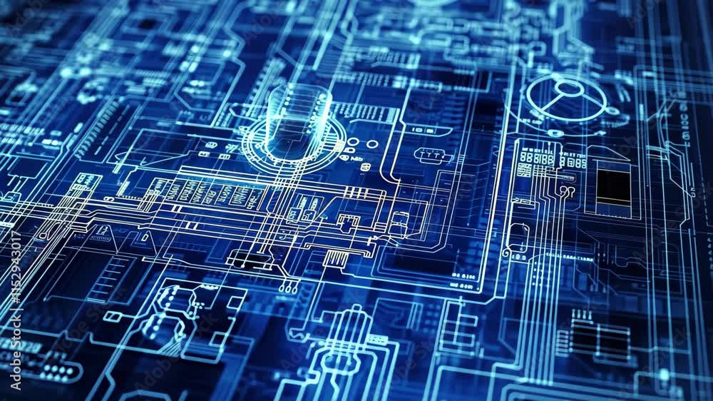 Poster a detailed blueprint video showcasing the intricate layout and design of a computer circuit board, a