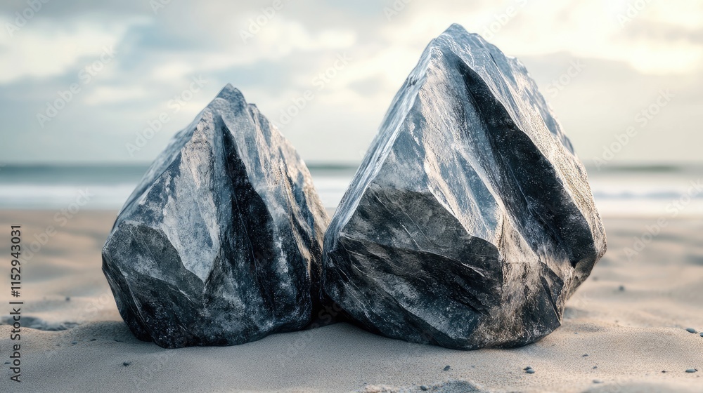 Poster unique natural rock formations on a sandy beach with ocean waves in the background creating a serene