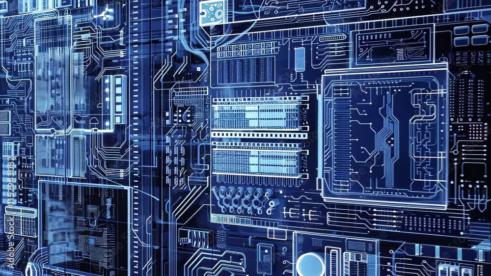Poster a detailed view of the inner workings and components of a computer circuit board, an intricately det