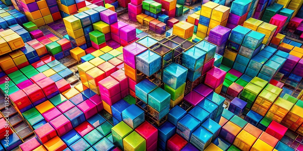 Aufkleber 3d cmyk building blocks: drone view of vibrant color cubes