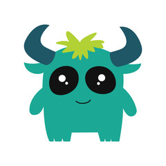 Cute Scary Horned Green Monster Mascot Cartoon Character with Happy Expression