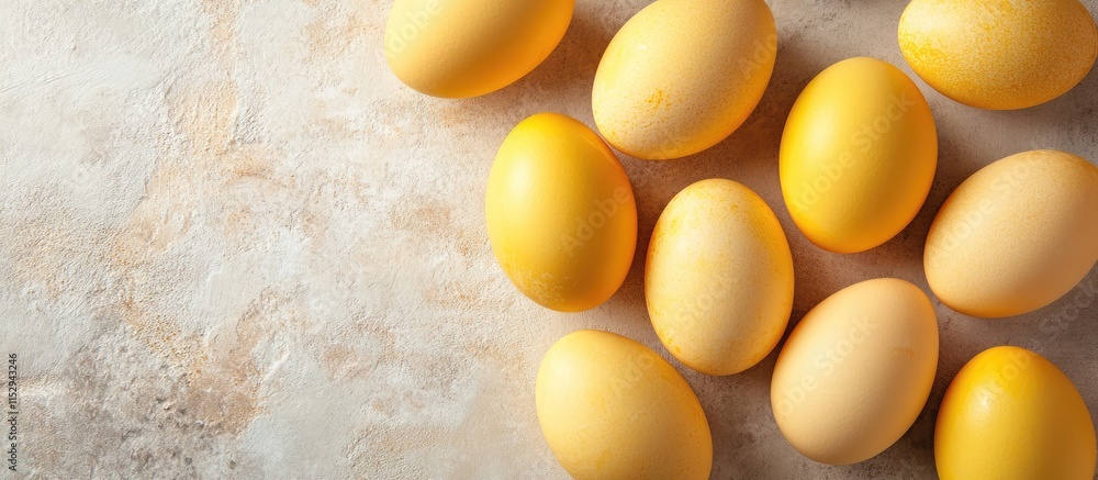 Poster natural dyed yellow eggs arranged in flat lay style on a neutral background with empty space for tex