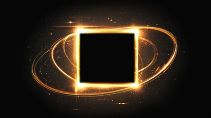 Minimalistic Abstract Golden square rectangle frame Portal with glowing golden lines, sparkles and glitter particles on black background with golden bokeh, VFX	
