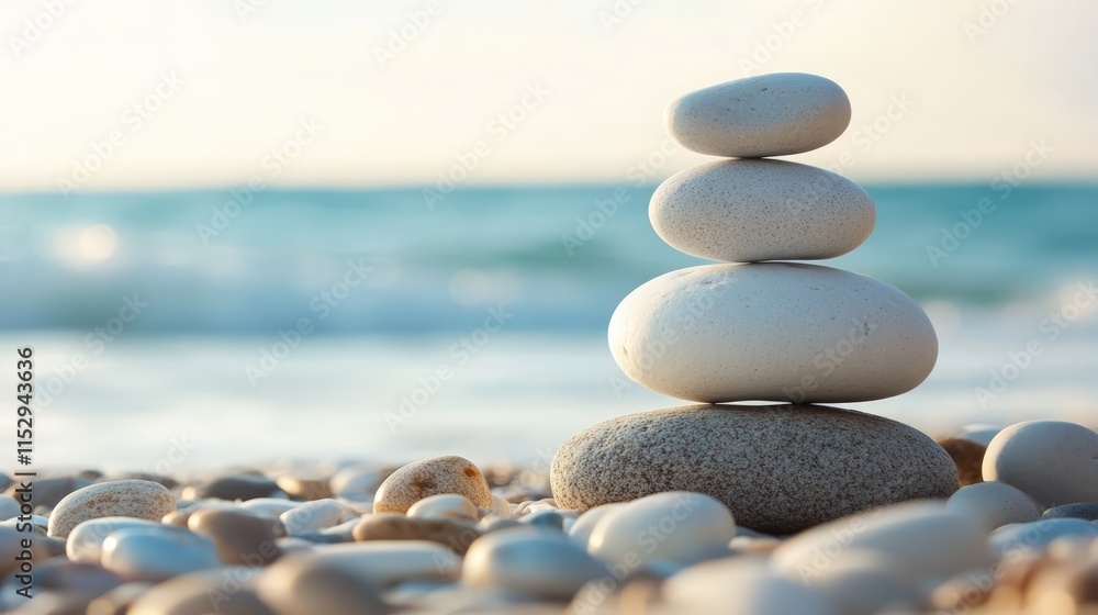 Aufkleber balanced stones on a serene beach with gentle waves and horizon creating a peaceful coastal atmosphe