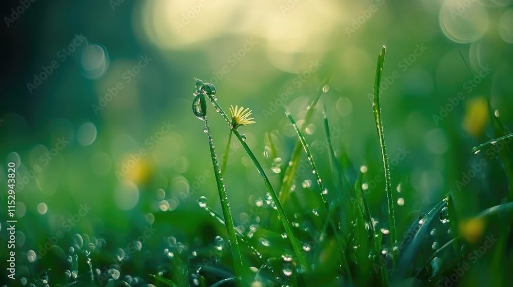 Aufkleber fresh dew on green grass with blooming dandelion in soft bokeh background creating a serene and tran