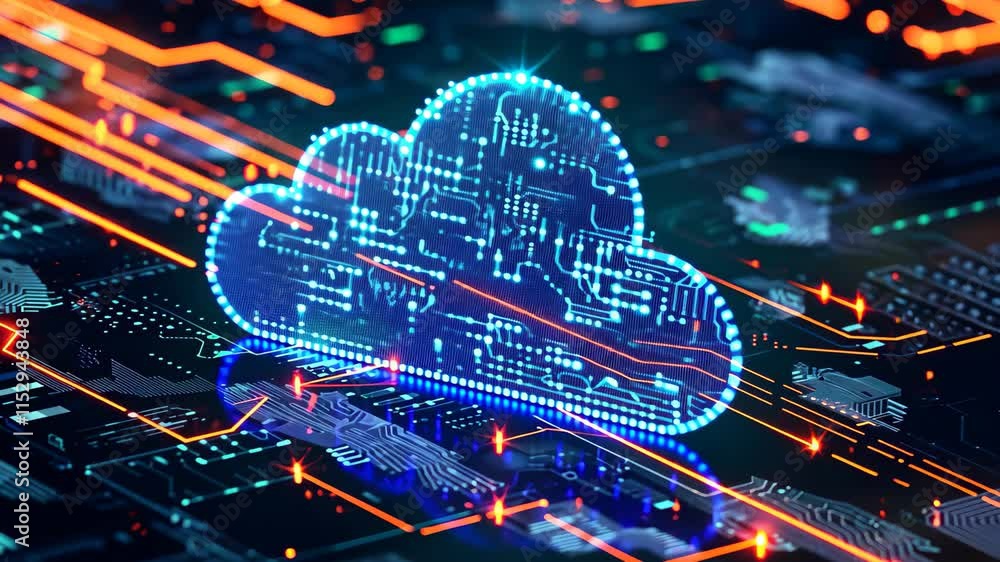 Poster a blue cloud hovers above a computer chip, creating an intriguing video of technology and atmosphere