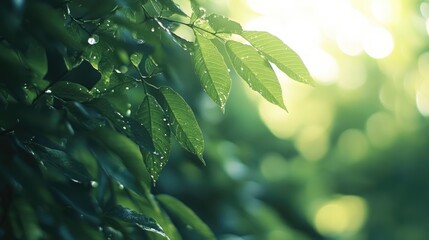Verdant summer foliage background with blurred depth of field highlighting vibrant green leaves in natural sunlight