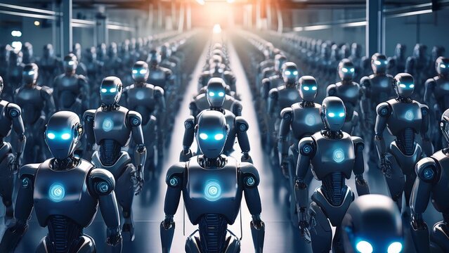Simetric view of Rows of Industrial Humanoid Robots with Glass Visors. Large Amount of Humanoid Robots Standing in Rows
