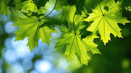 Fototapeta premium Vibrant Green Maple Leaves with Sunlight Shining Through Creating a Serene Nature Background