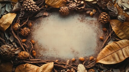 Natural frame design with dried leaves, branches, and seeds creating an earthy ambiance for text or decorative content.